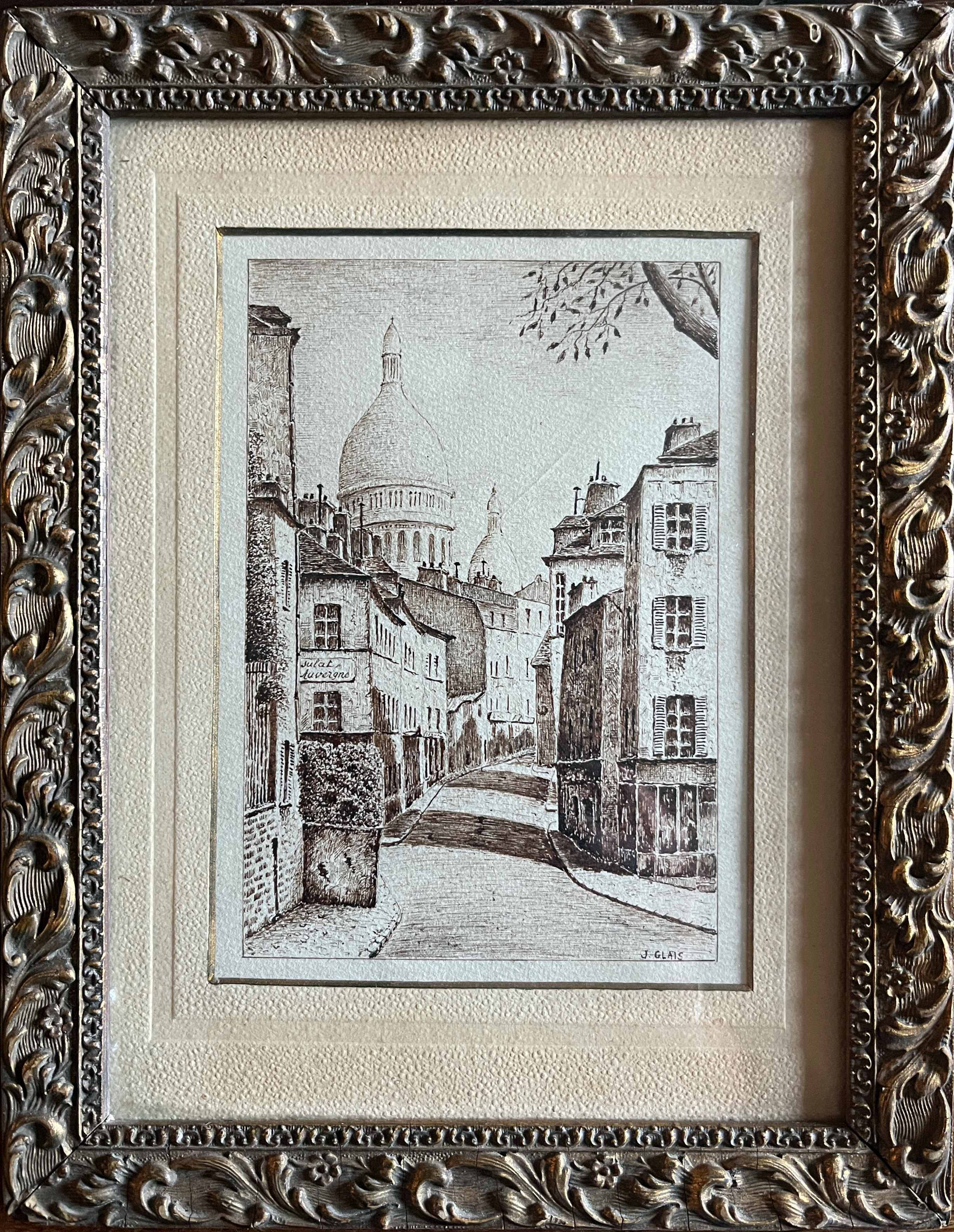 Tableau Lavis encre Paris Montmartre (rue Chevalier de la Barre) signé J. G