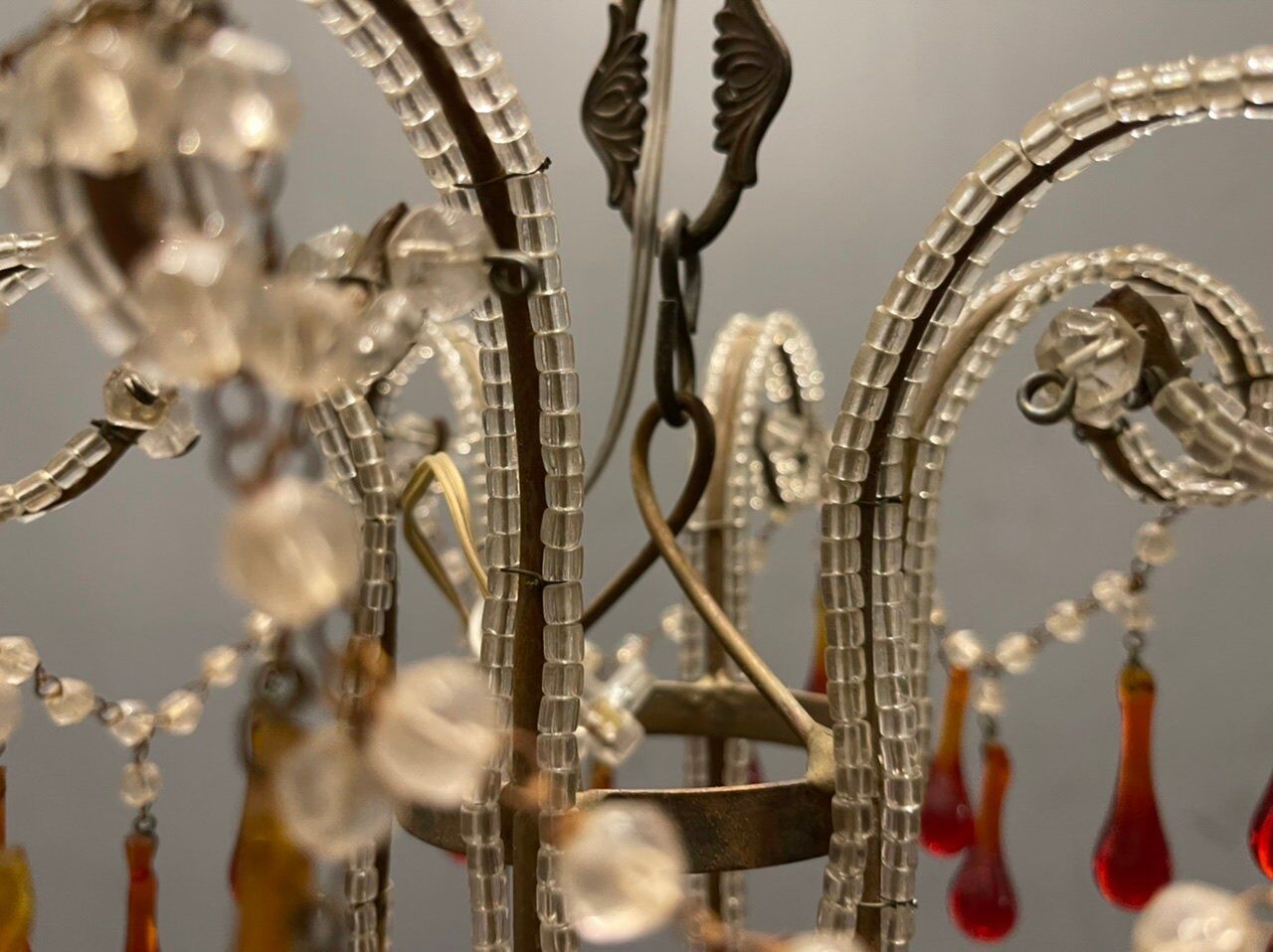 Vintage italian murano glass crystal macaroni beaded chandelier, 1950s