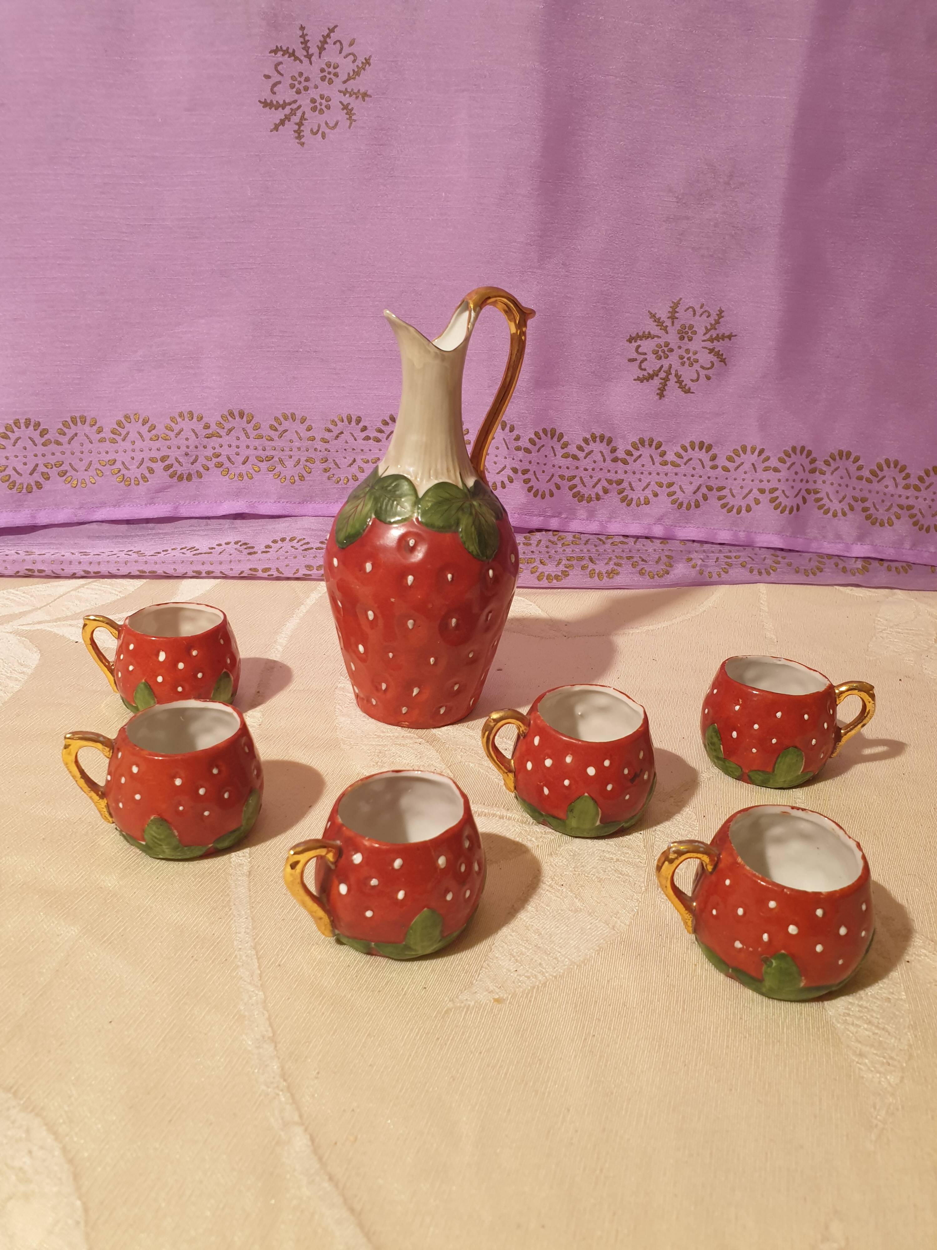 Old strawberry liqueur service carafe 6 small porcelain cups biscuit barbotine