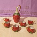 Old strawberry liqueur service carafe 6 small porcelain cups biscuit barbotine