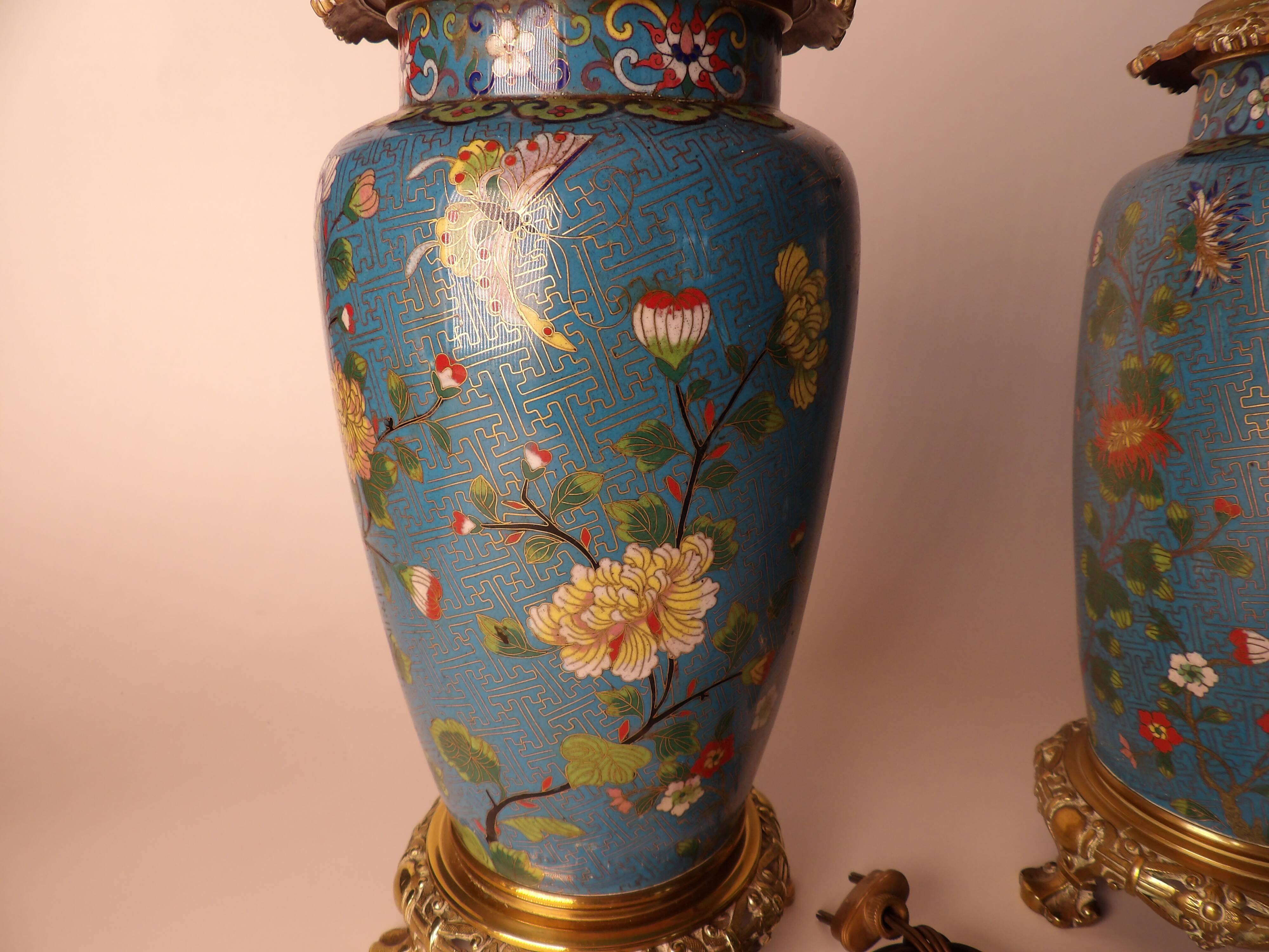 Pair of Asian style lamps in cloisonné and bronze