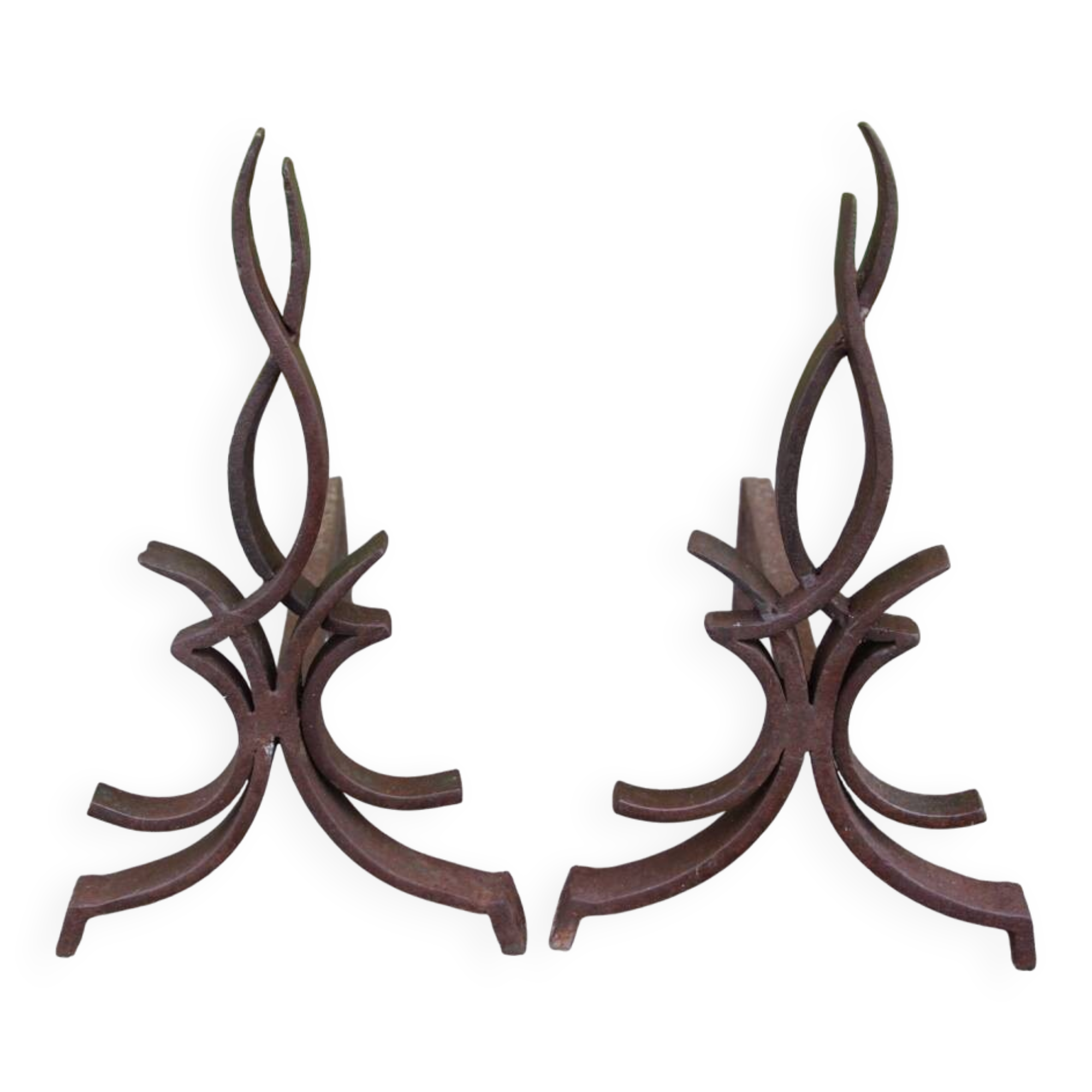 pair of andirons attributed to Raymond Subes, flame model