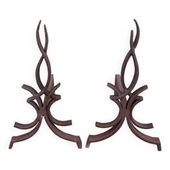 pair of andirons attributed to Raymond Subes, flame model