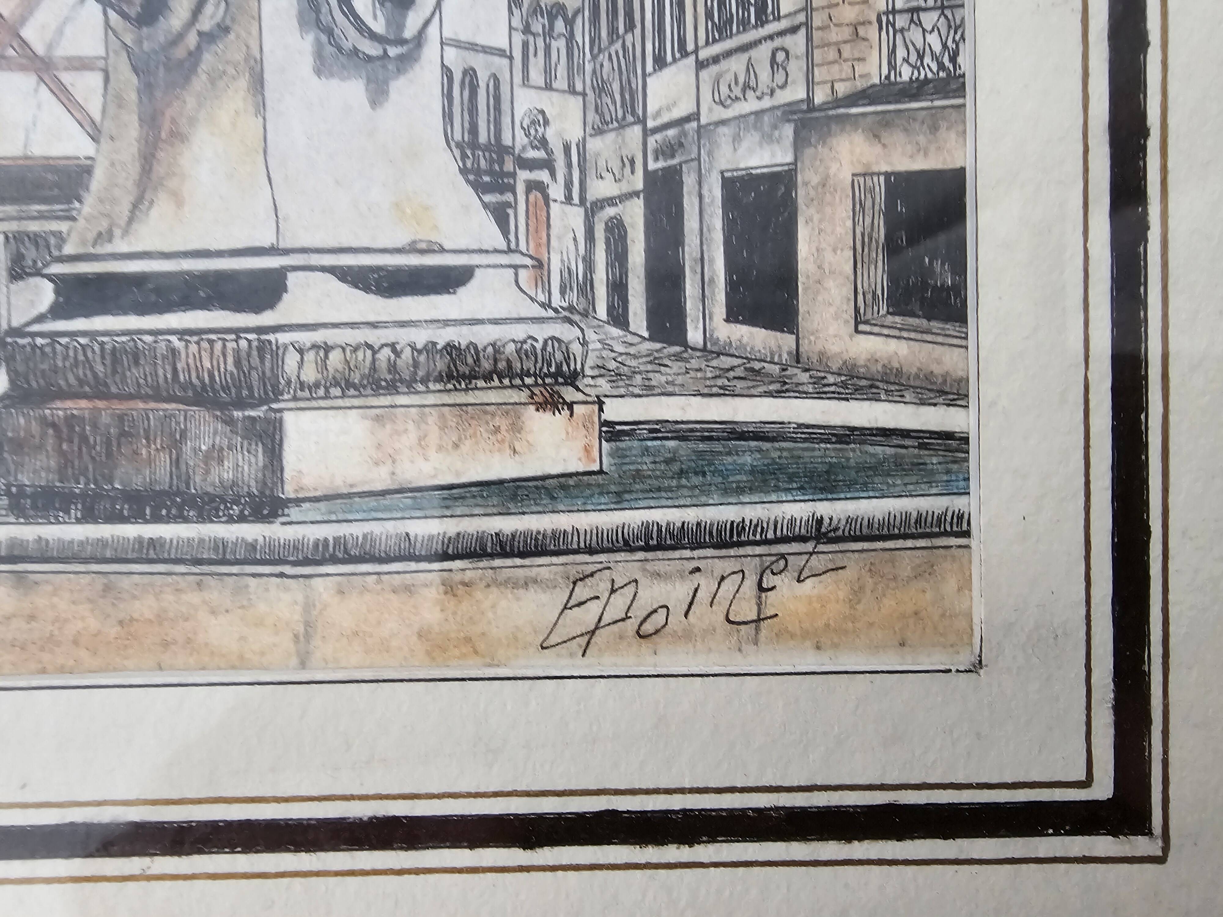 Tableau Ink and pastel - Dijon Place François-Rude - E Poinet