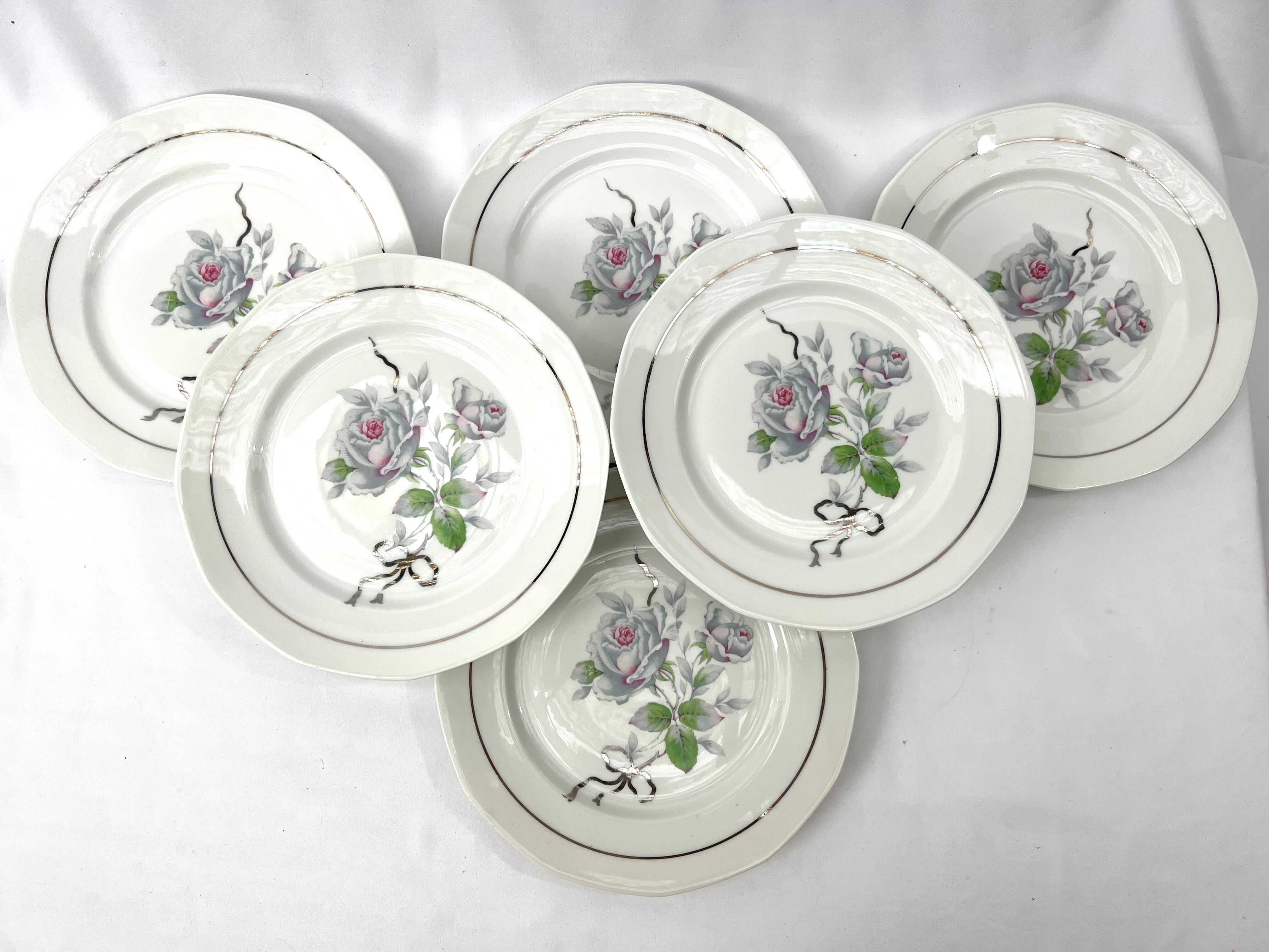 6 assiettes plates fleur rose porcelaine Limoges shabby