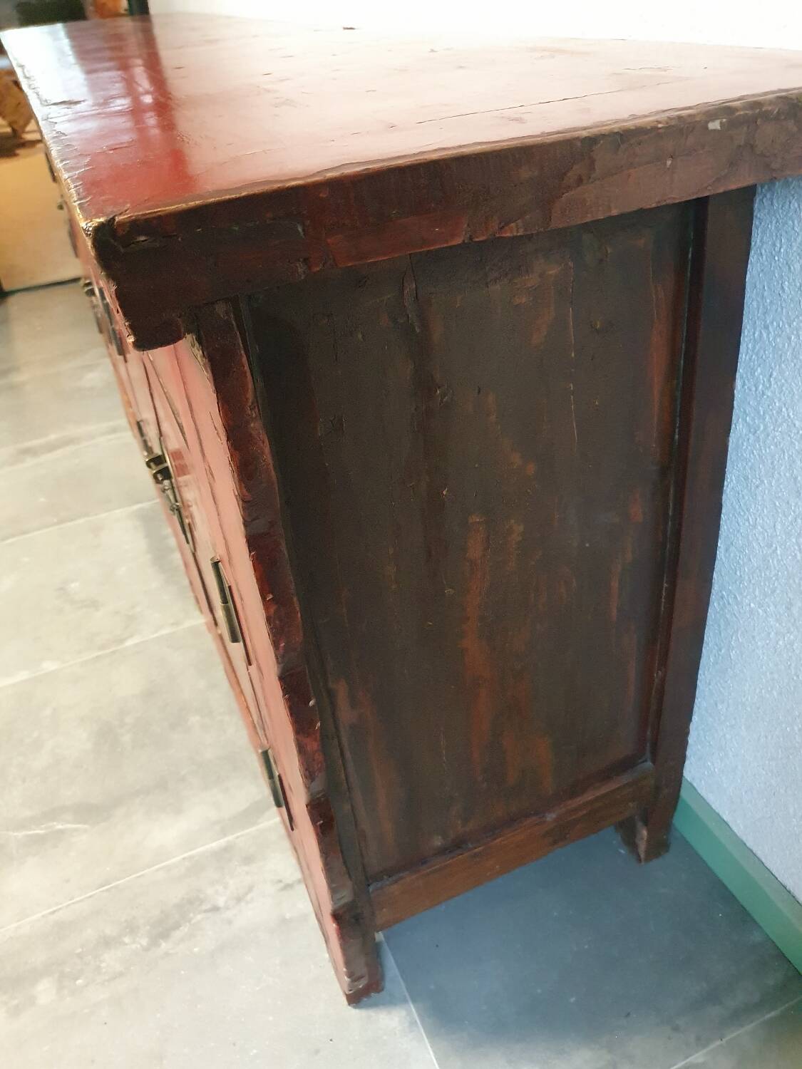 Large Chinese institutional buffet in red lacquer, fully fitted interior.
