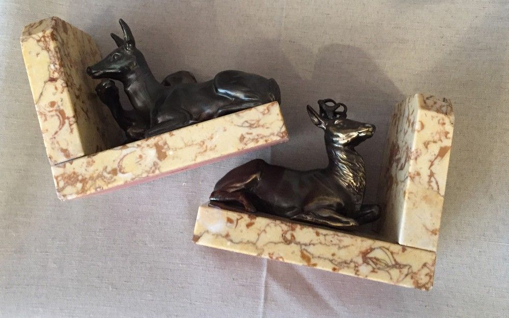 Pair of marble bookends and ruler representing a deer with his mother and a deer