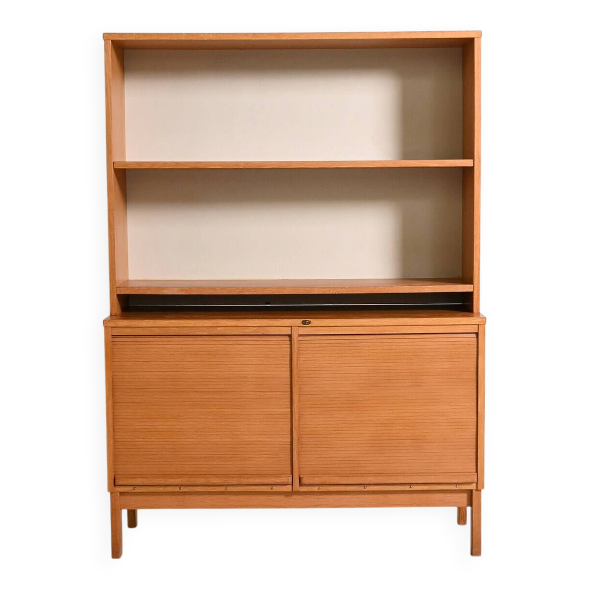 Oak cabinet with tambour doors with upper shelves, 1960s