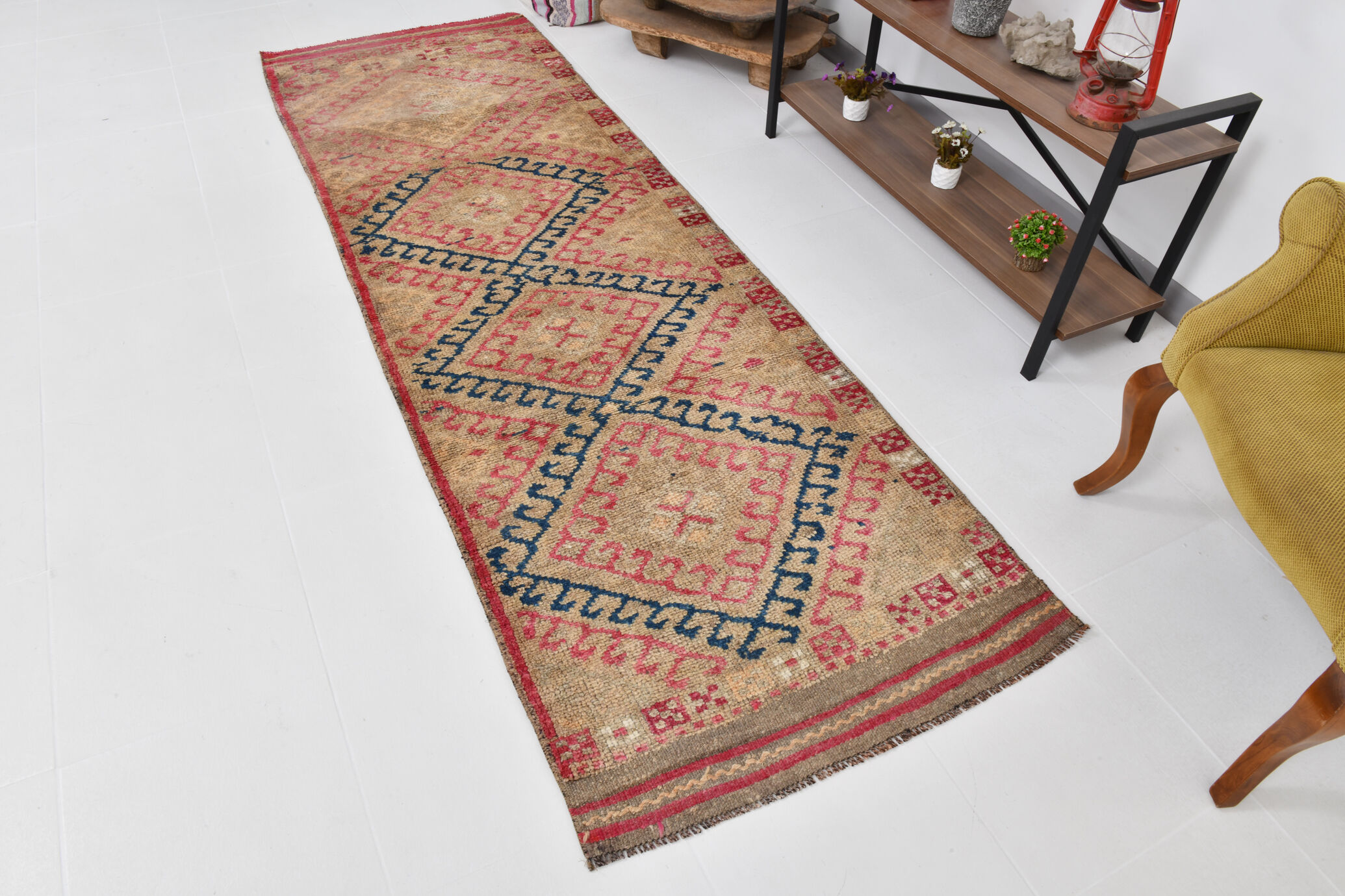 3x9 red & blue herki vintage runner rug 92x286cm
