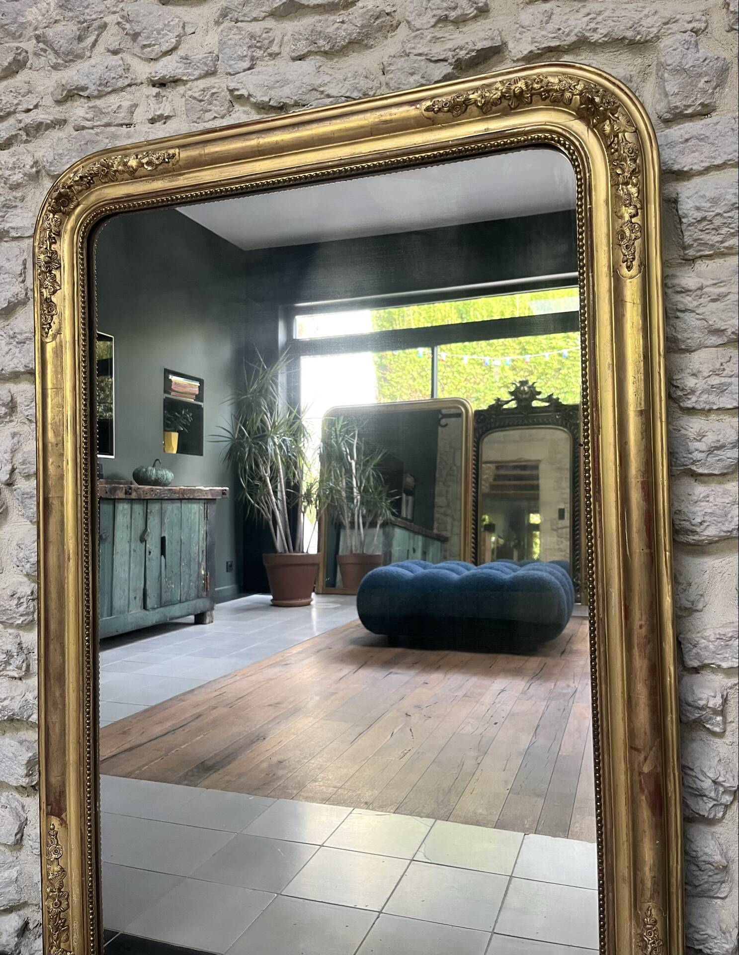 Miroir de cheminée Louis-Philippe perlé 126/90cm feuille d’or, glace