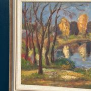 Original Swedish Oil on Panel – “Autumn Landscape” by Skänstod – Dated 1948