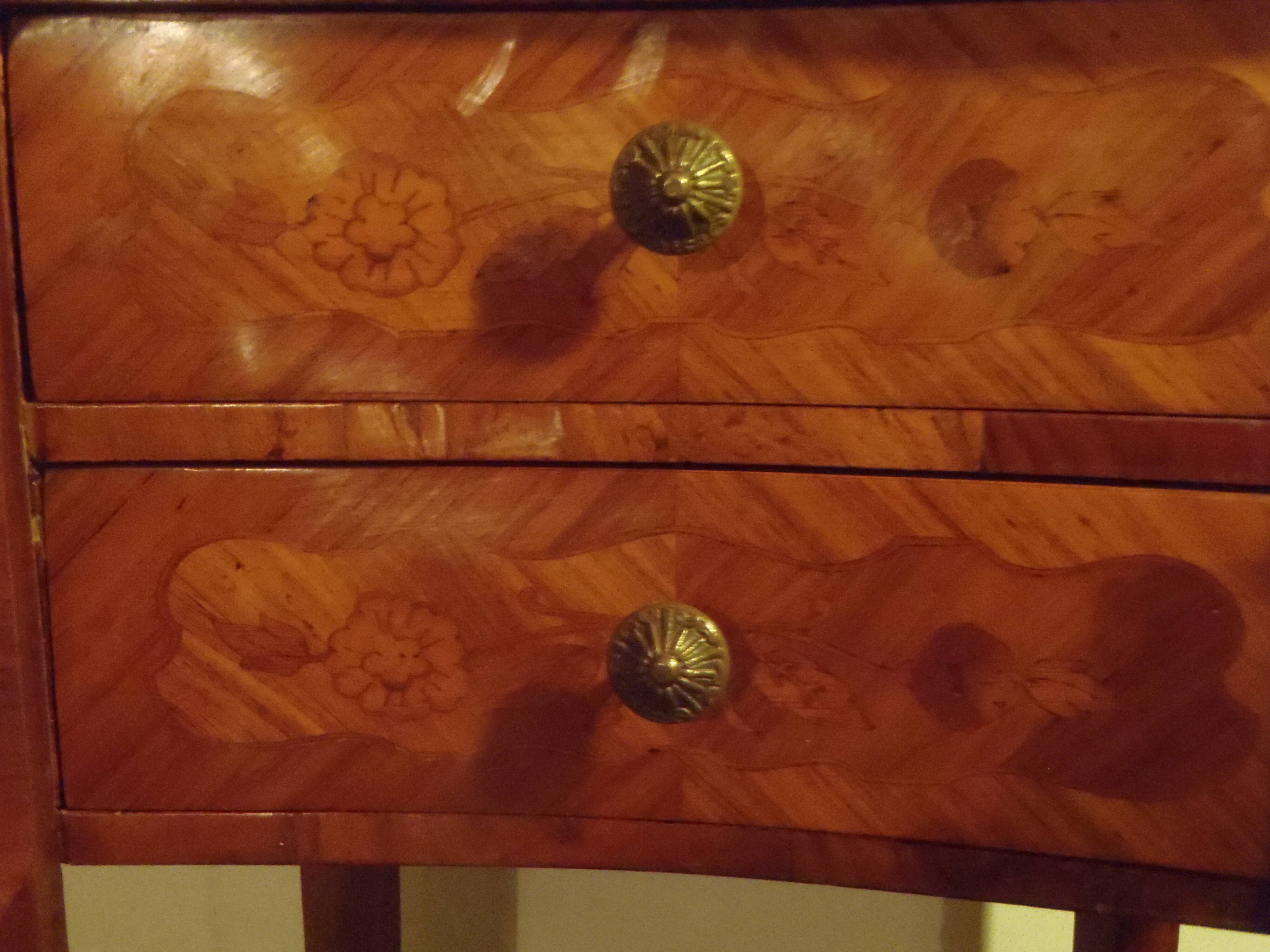 Louis XV style bedside table with varnished marquetry.