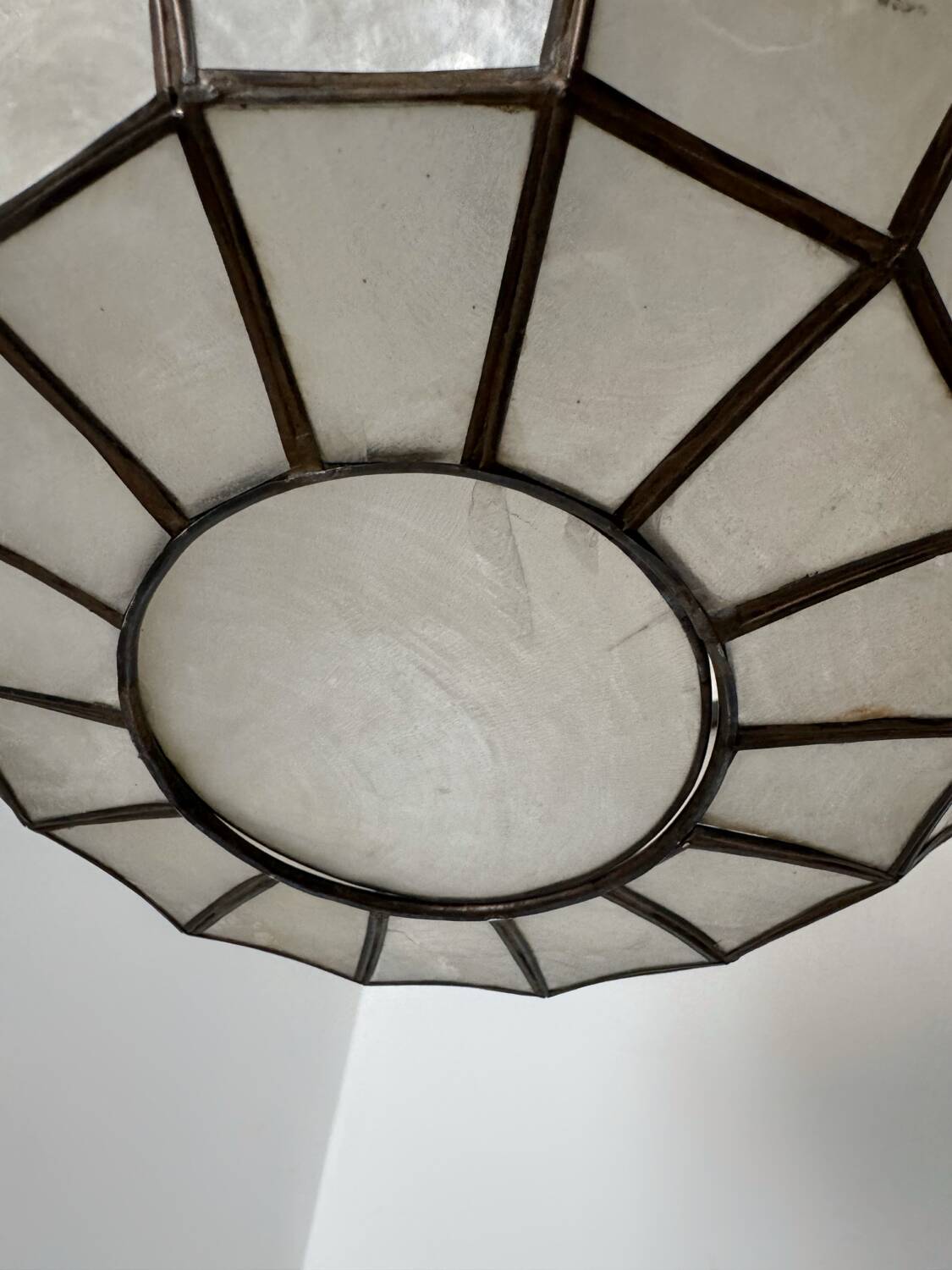 Brass and pearl spherical pendant light from the 60s