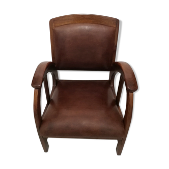 Fauteuil colonial ou bridge en acajou et cuir