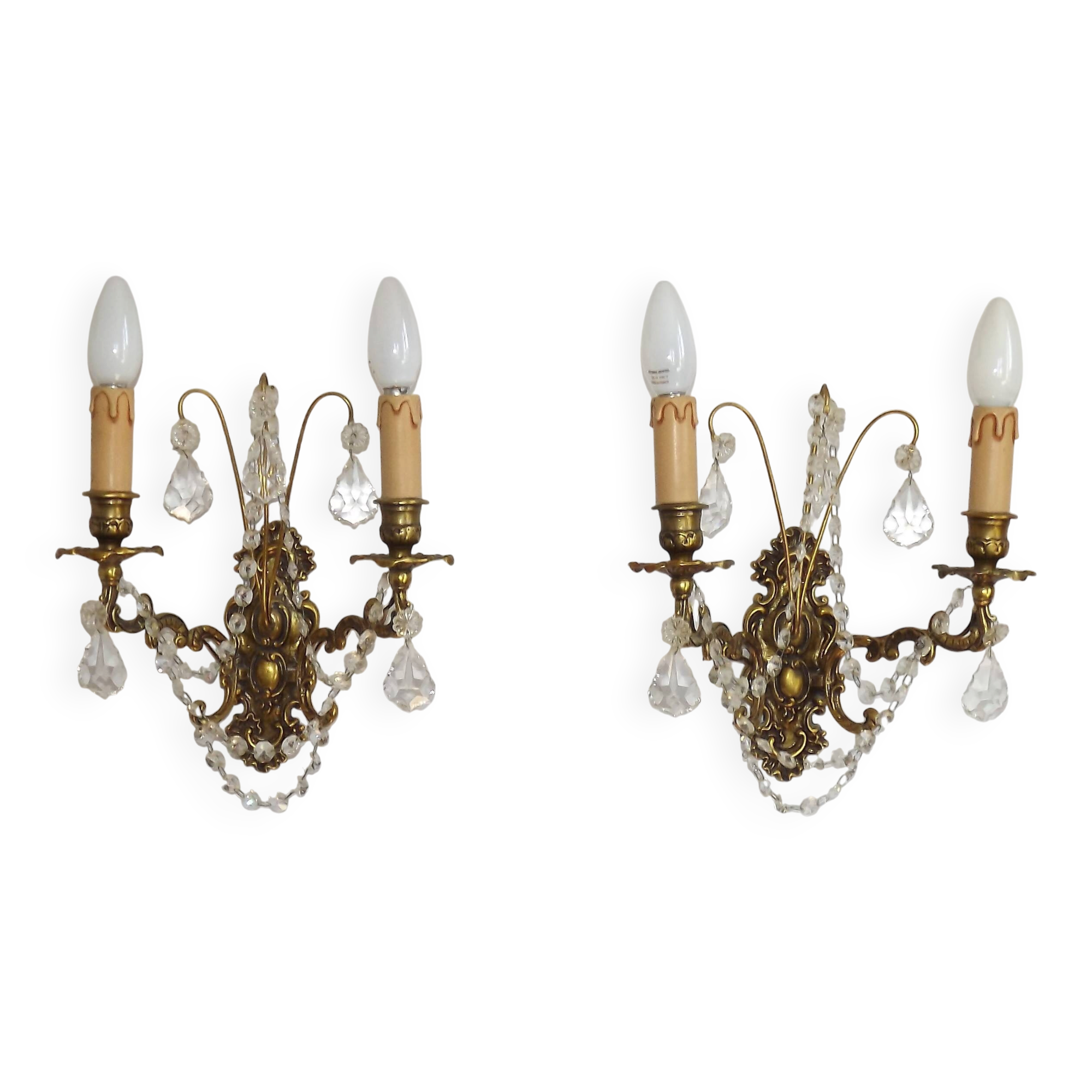 Pair of French Baroque Double Bronze Crystal Wall Lights Glass Bead Swags