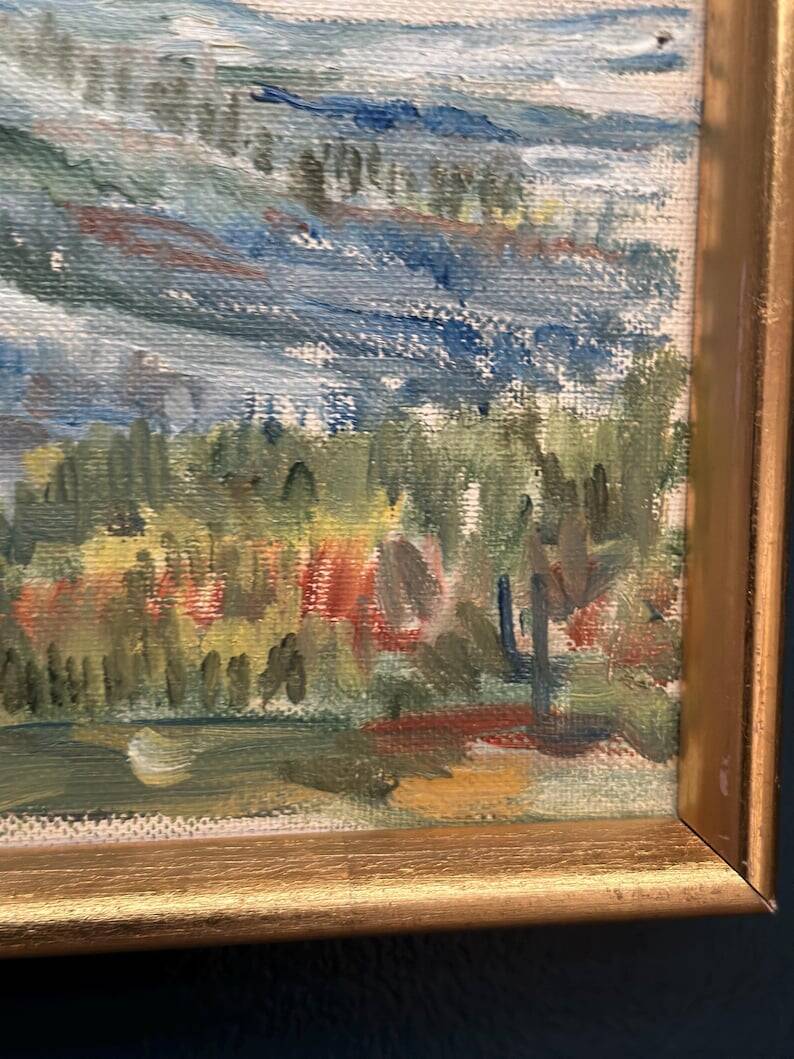Mid Century Oil On Canvas Landscape By Unknown Artist Vintage & Framed – 33 × 22 Cm