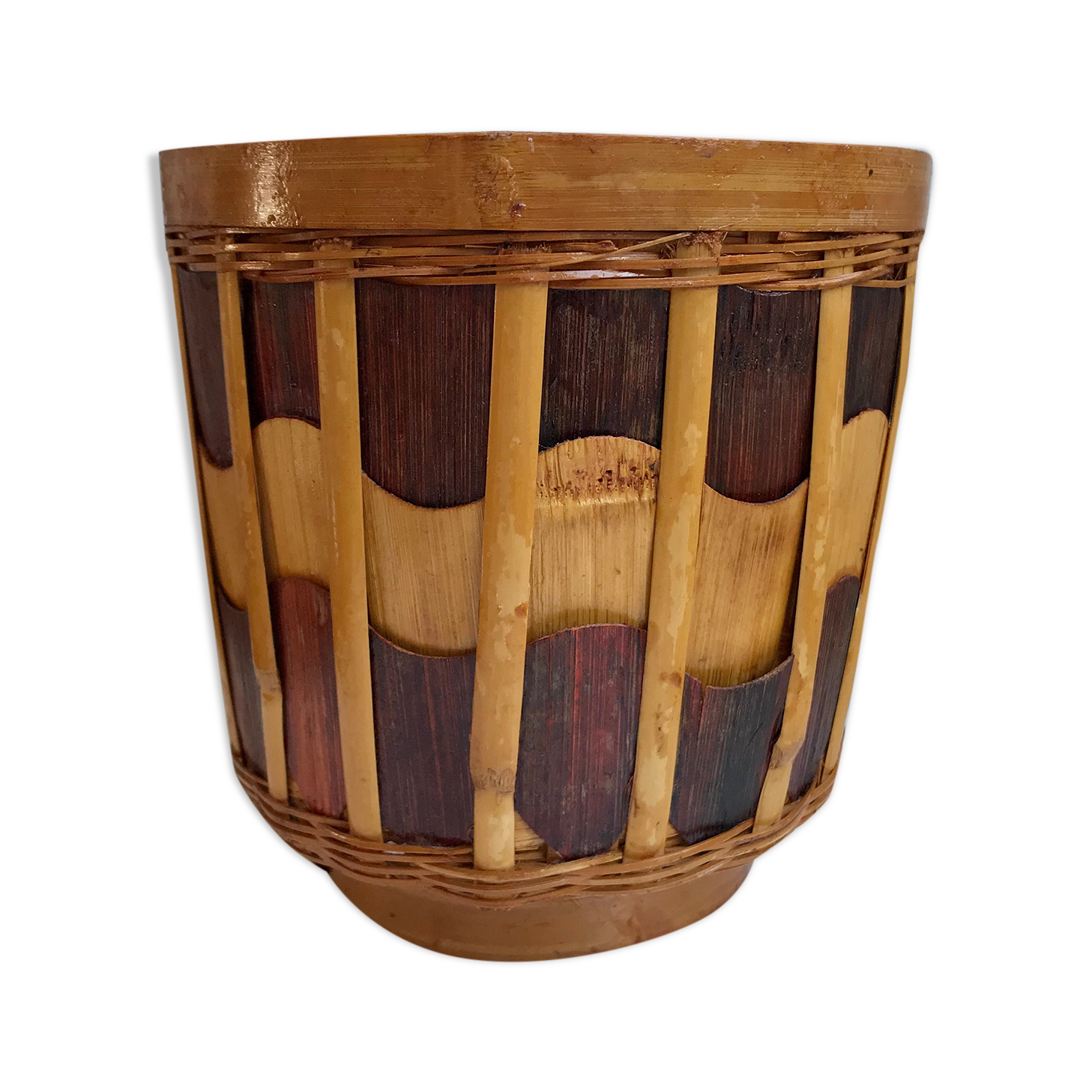 Wooden pot cover and rattan 70s