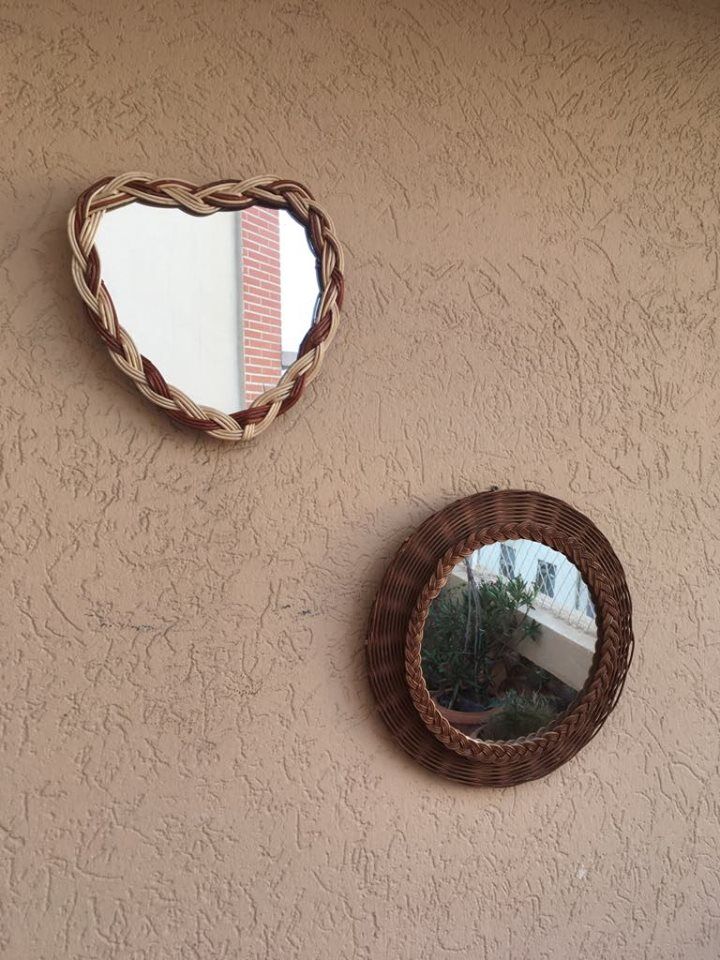 Heart shaped mirror two-tone braided wicker
