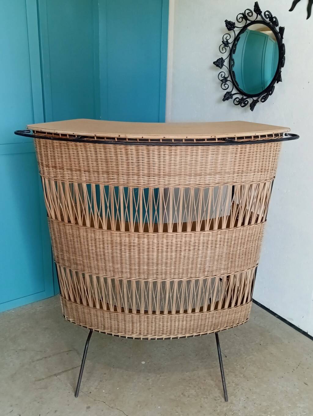 1960s rattan and metal bar counter