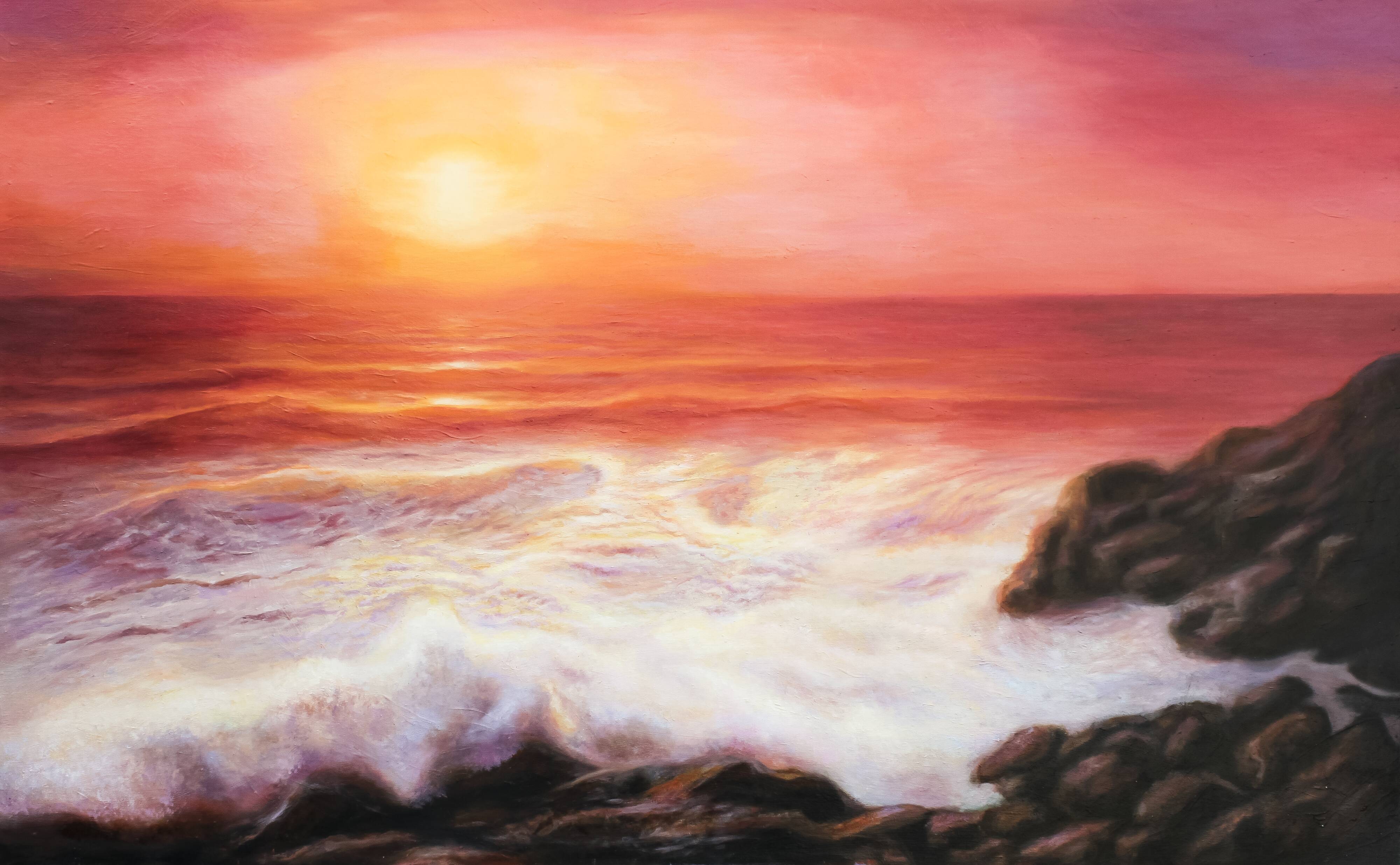 Cuadro del mar al oleo. Pintura de puesta de sol en el mar.