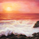 Cuadro del mar al oleo. Pintura de puesta de sol en el mar.