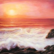 Cuadro del mar al oleo. Pintura de puesta de sol en el mar.