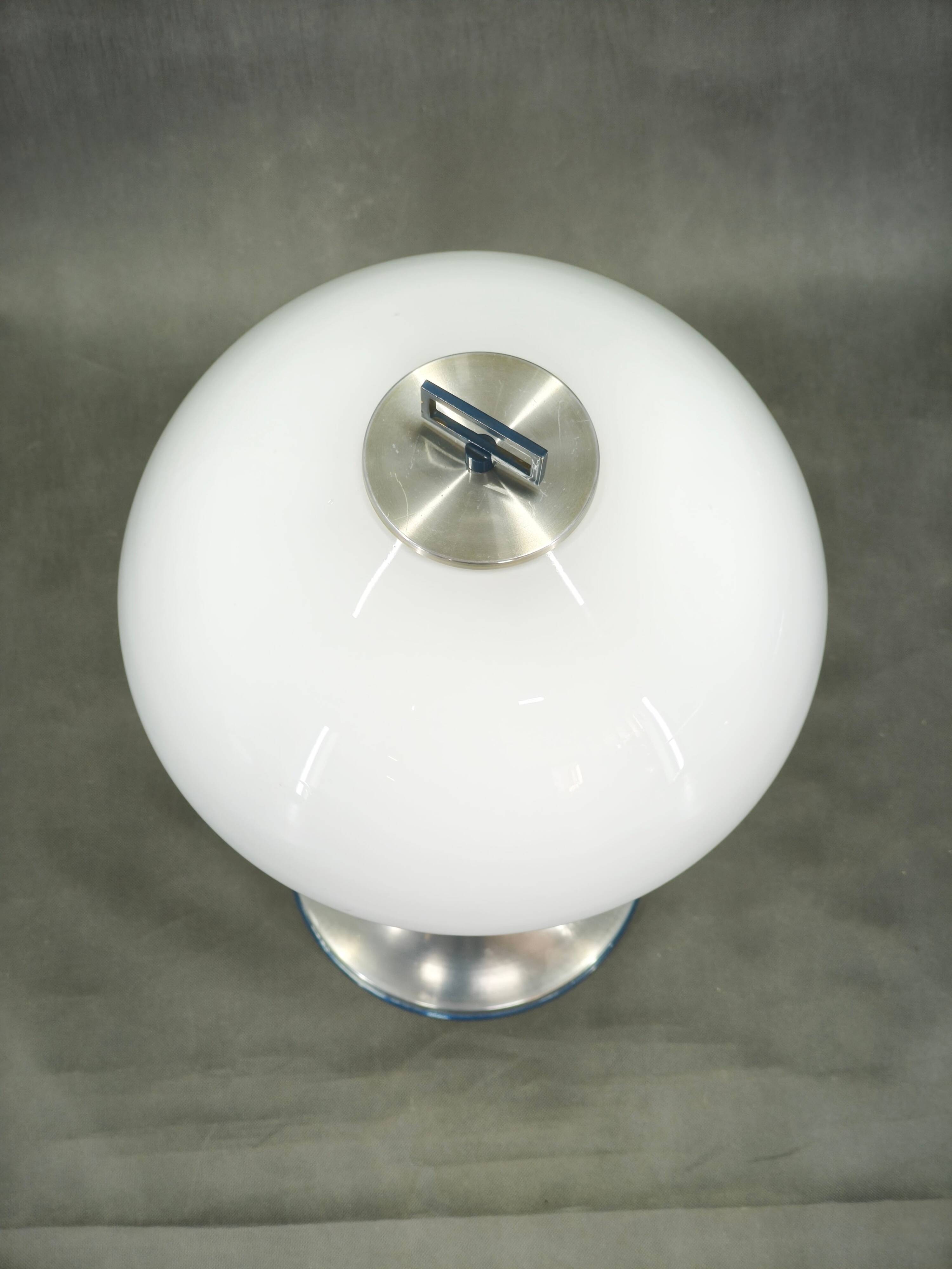 1970s Italian Space Age Opaline Glass and Blue Metal Table Lamp