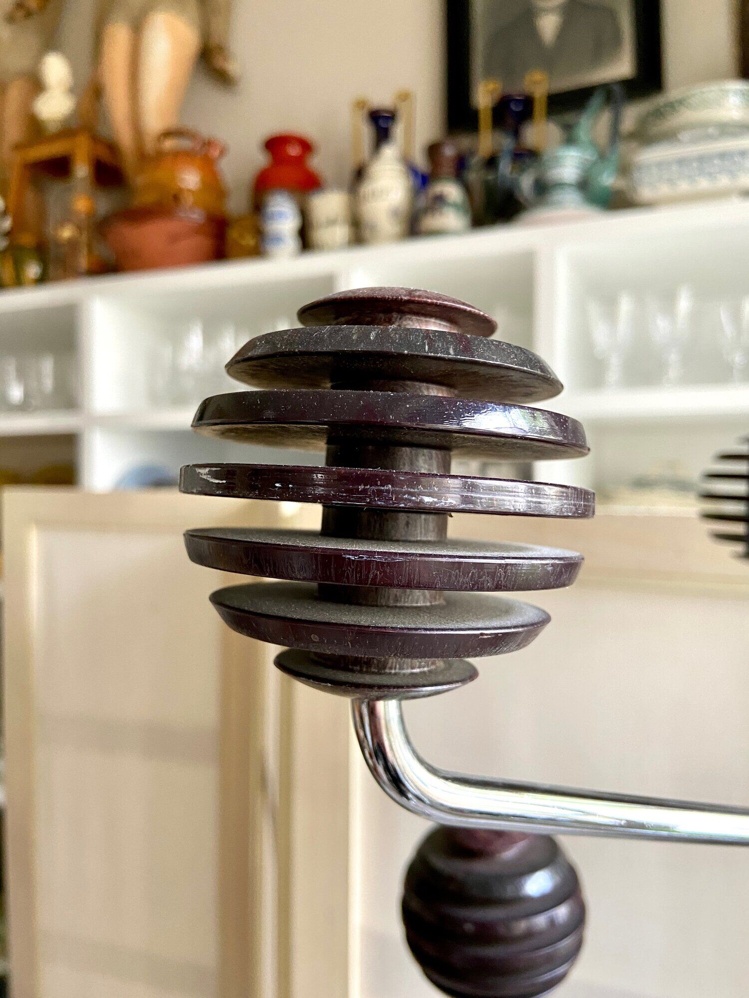 Space Age coat rack with 8 hooks in chrome-plated metal and brown bakelite