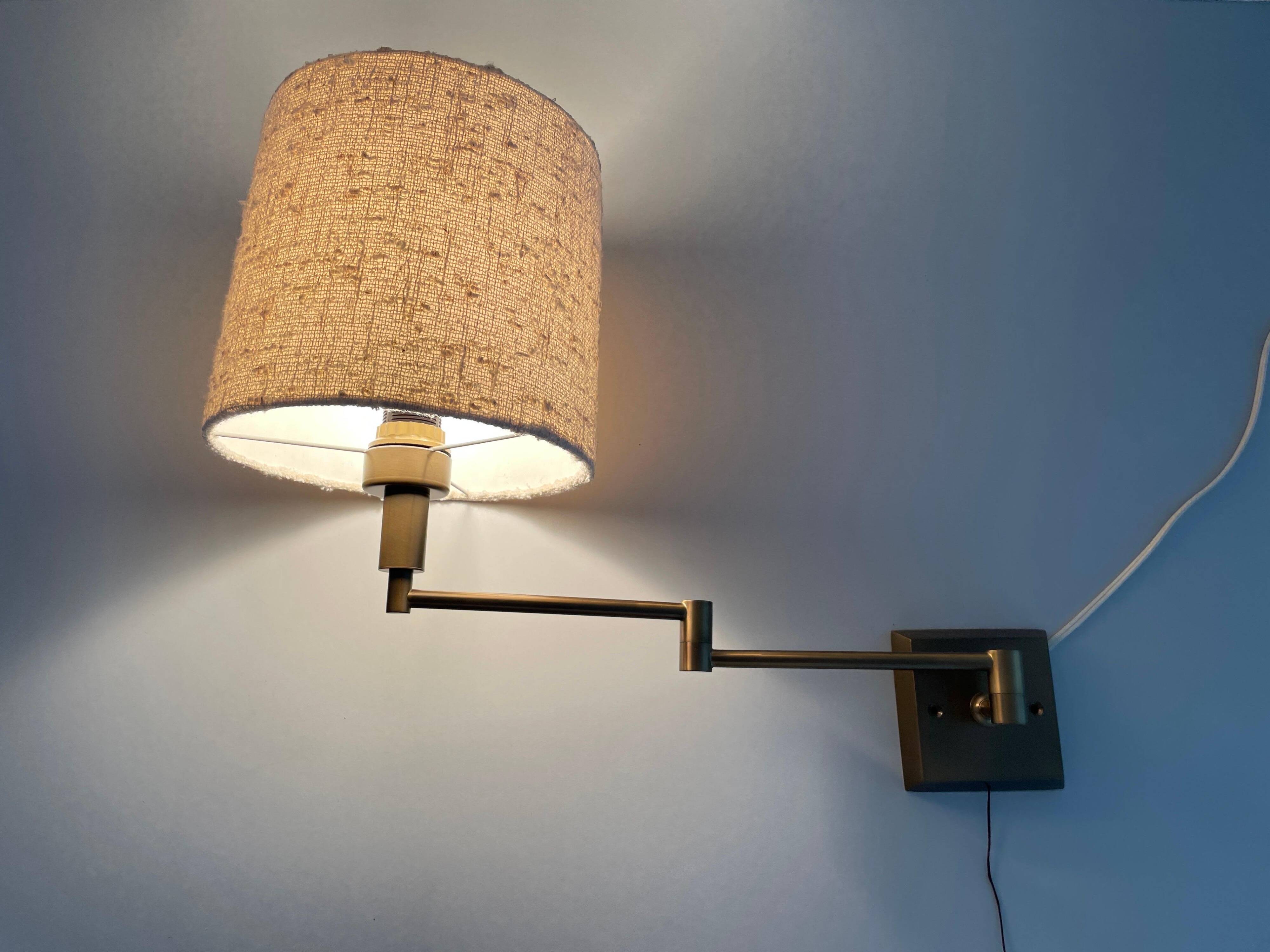 Adjustable brass wall lamp with fabric shade, Danish design, 1970s, Denmark.