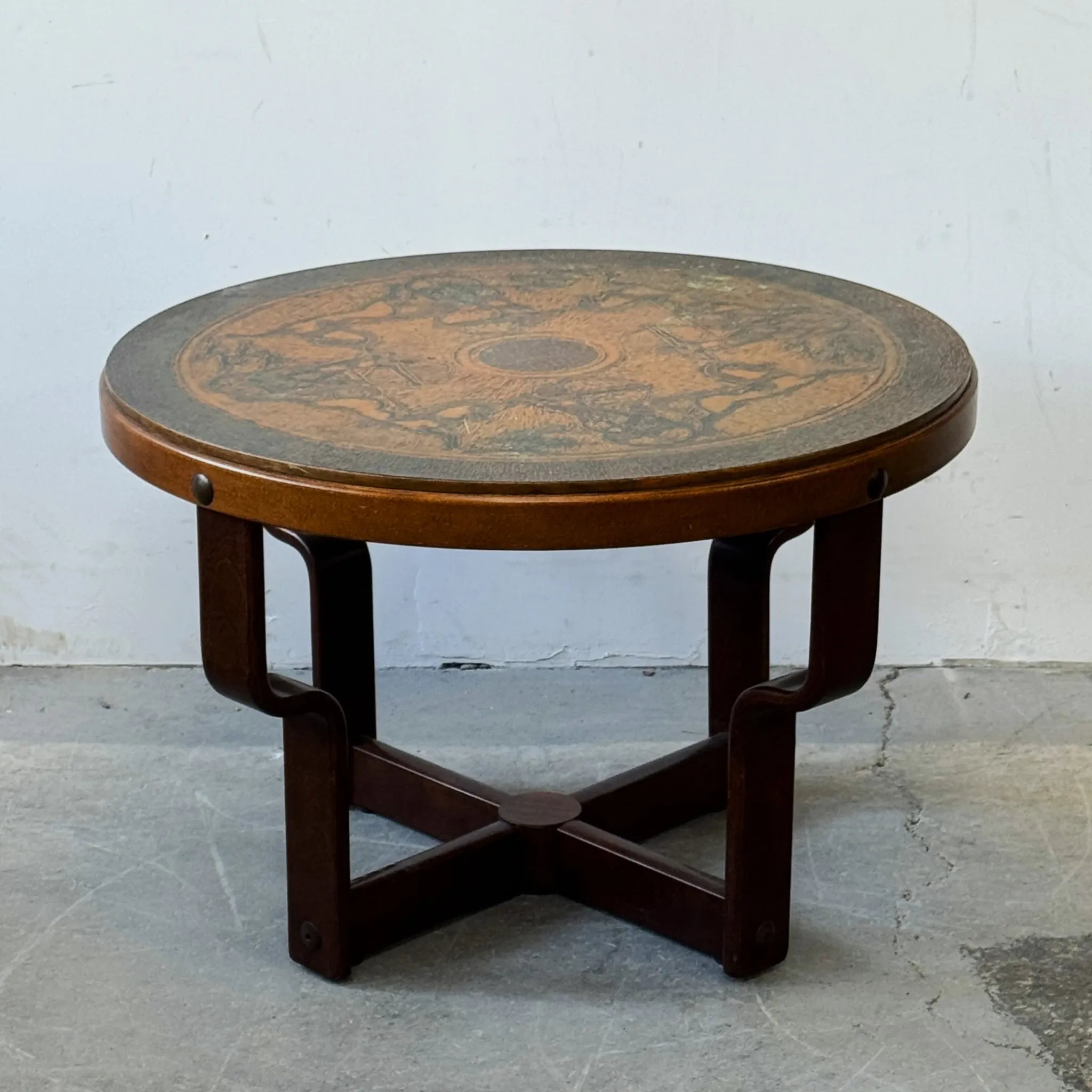 Embossed copper-top table, Norway, 1960s, vintage, mid-century.