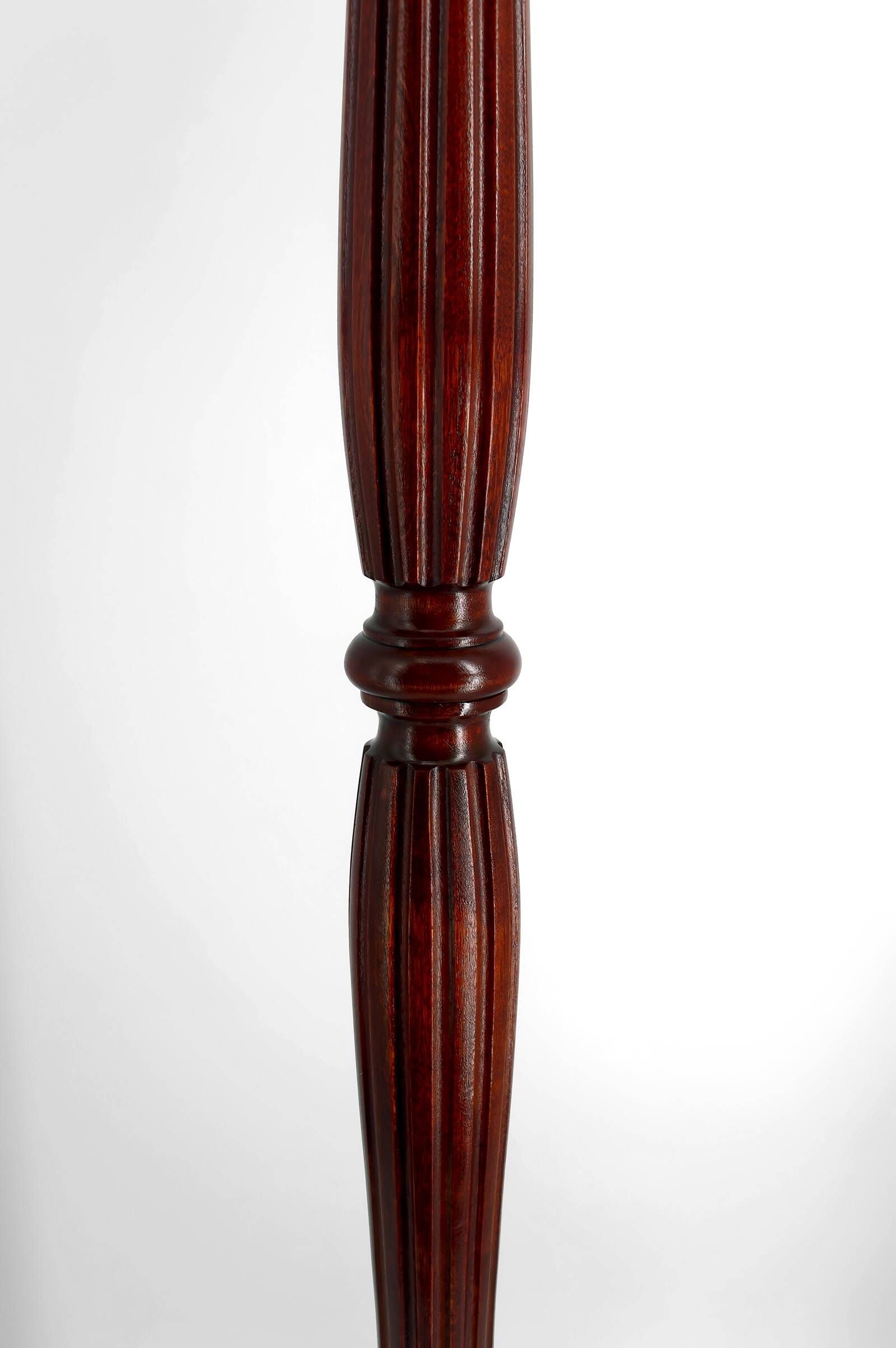 Art Deco floor lamp in carved walnut, stained glass shade, France, c. 1920