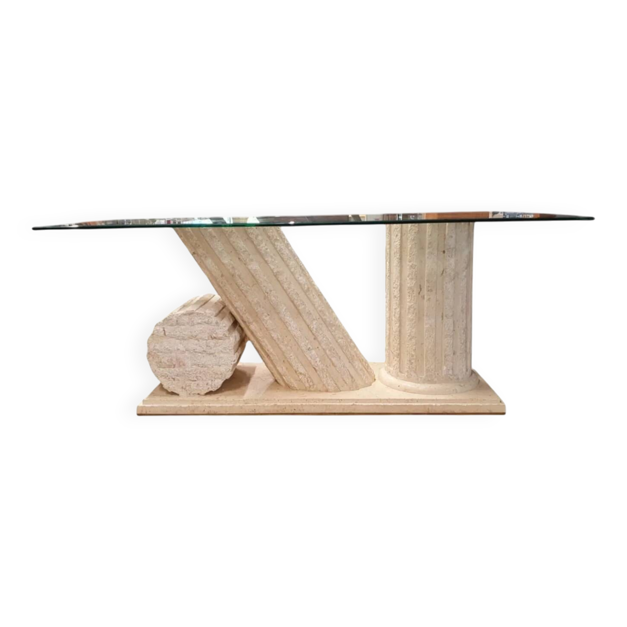 1980s Neo Classic Natural Mactan Stone Dining Table with Glass Top