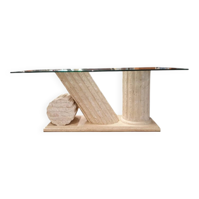 Table à manger néoclassique en pierre naturelle de Mactan des années 1980 avec plateau en verre
