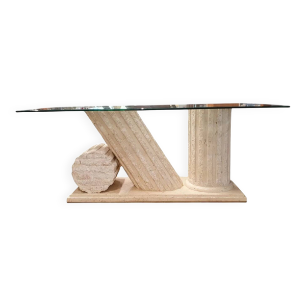 Table à manger néoclassique en pierre naturelle de Mactan des années 1980 avec plateau en verre