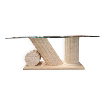 1980s Neo Classic Natural Mactan Stone Dining Table with Glass Top