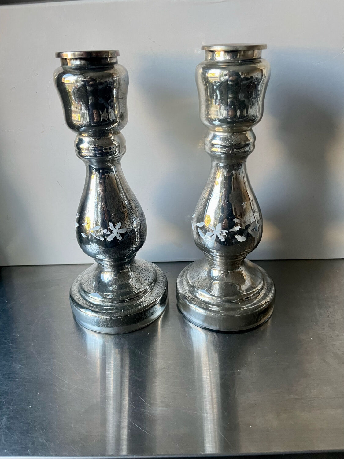 Pair of vintage mercury glass candleholders