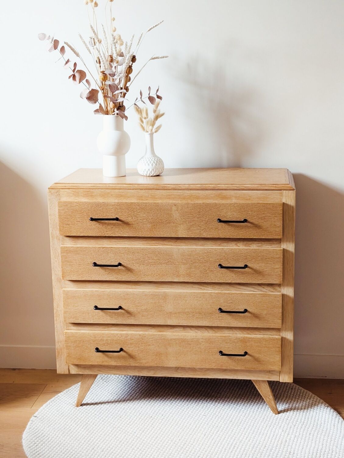 Vintage oak chest of drawers with splayed legs, restored
