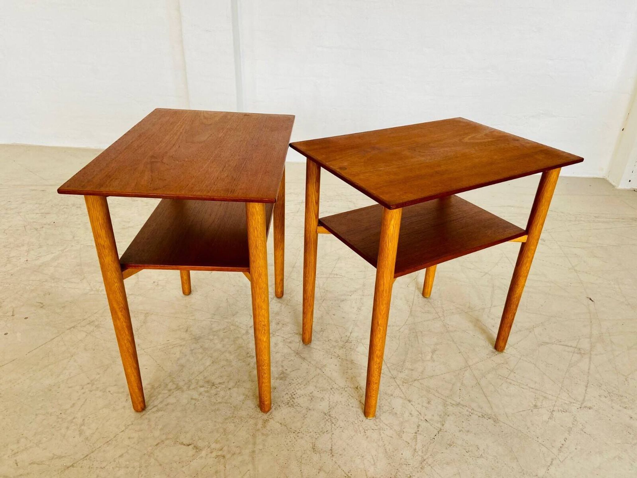 Vintage Danish mid-century teak and oak bedside tables by Næstved Møbelfabrik