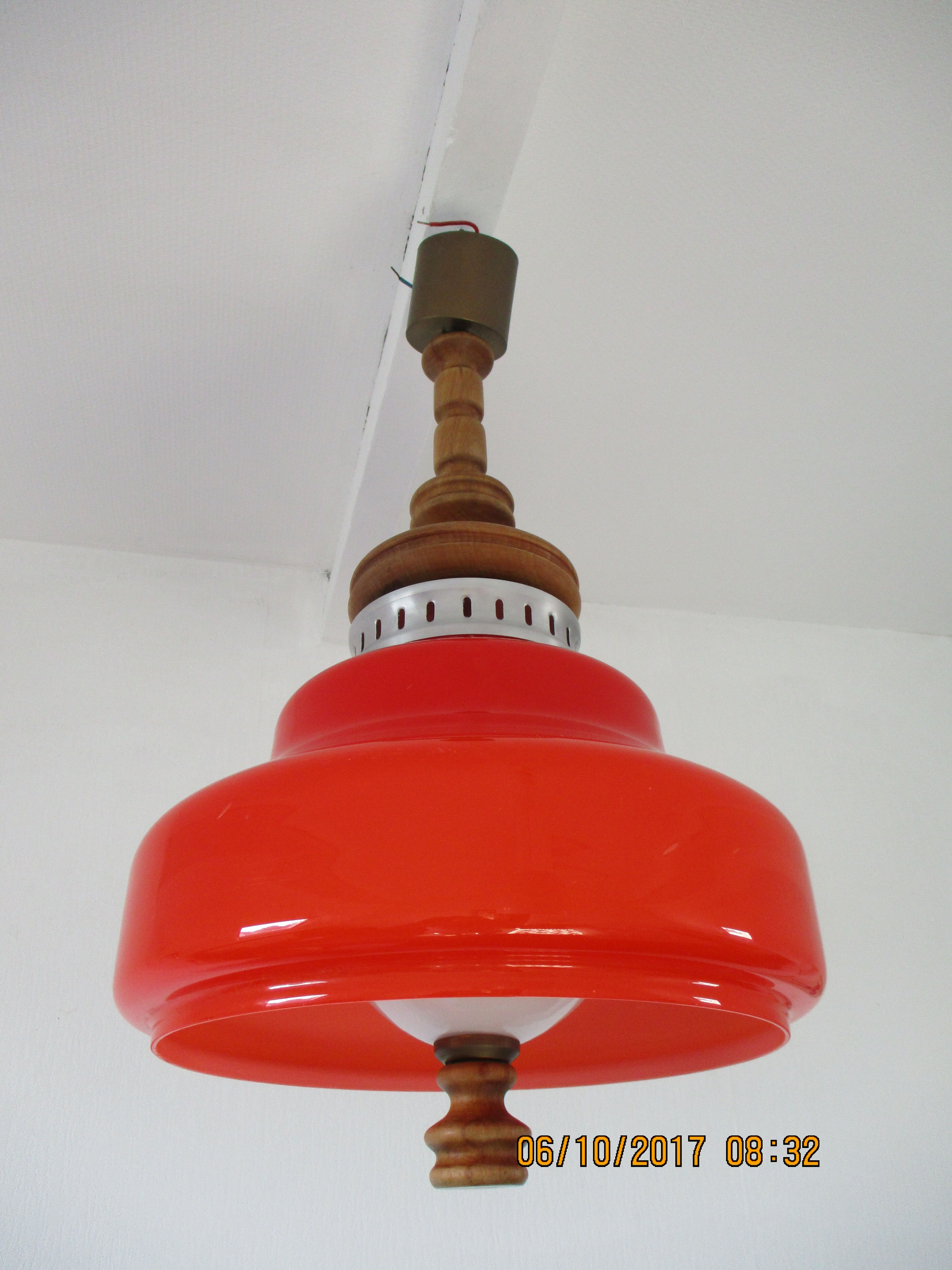 Large suspension in orange opaline and wood design 70s
