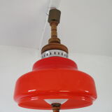 Large suspension in orange opaline and wood design 70s