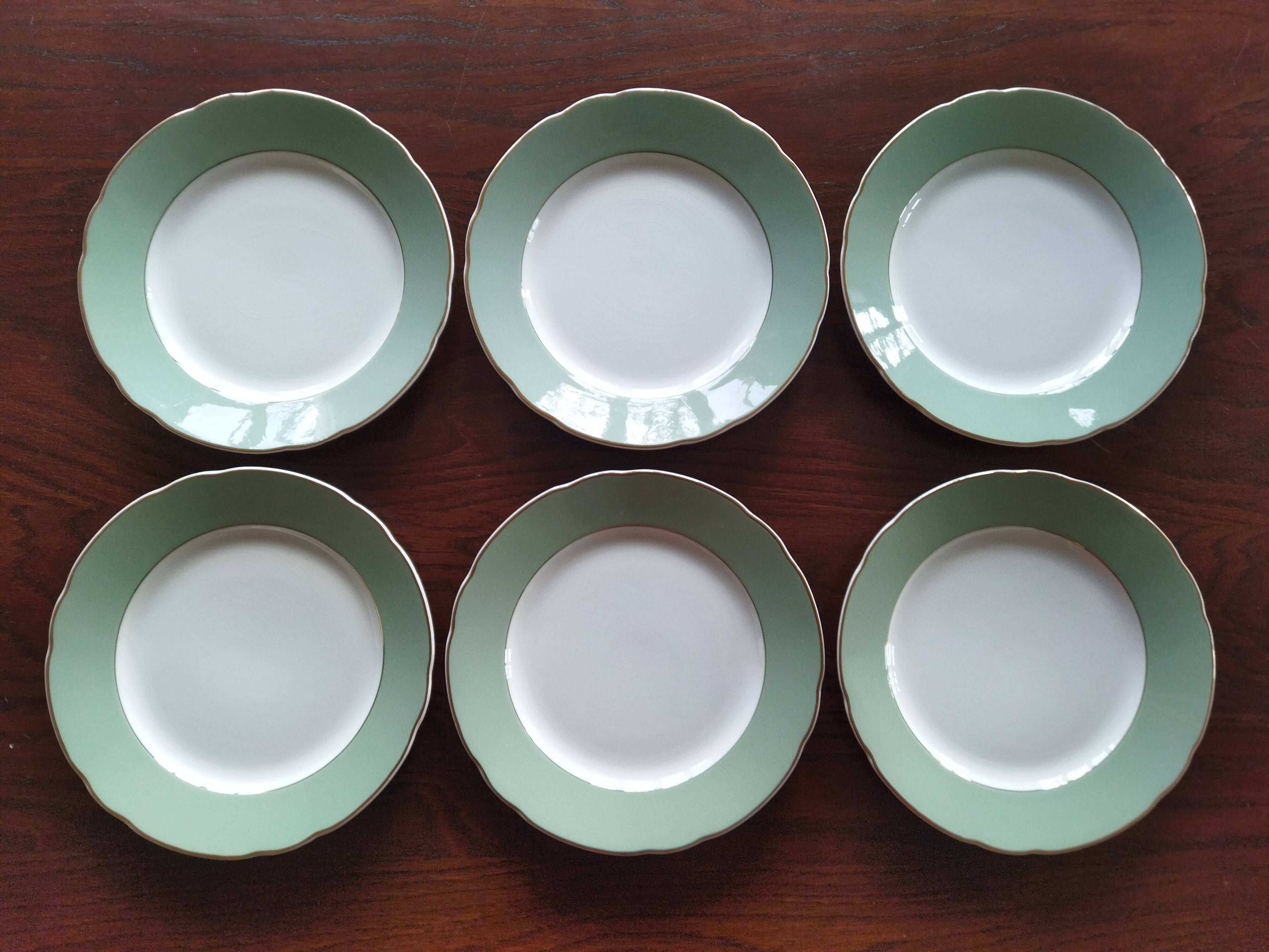 6 flat plates Villeroy & Boch Mettlach celadon green and vintage gold 1960s