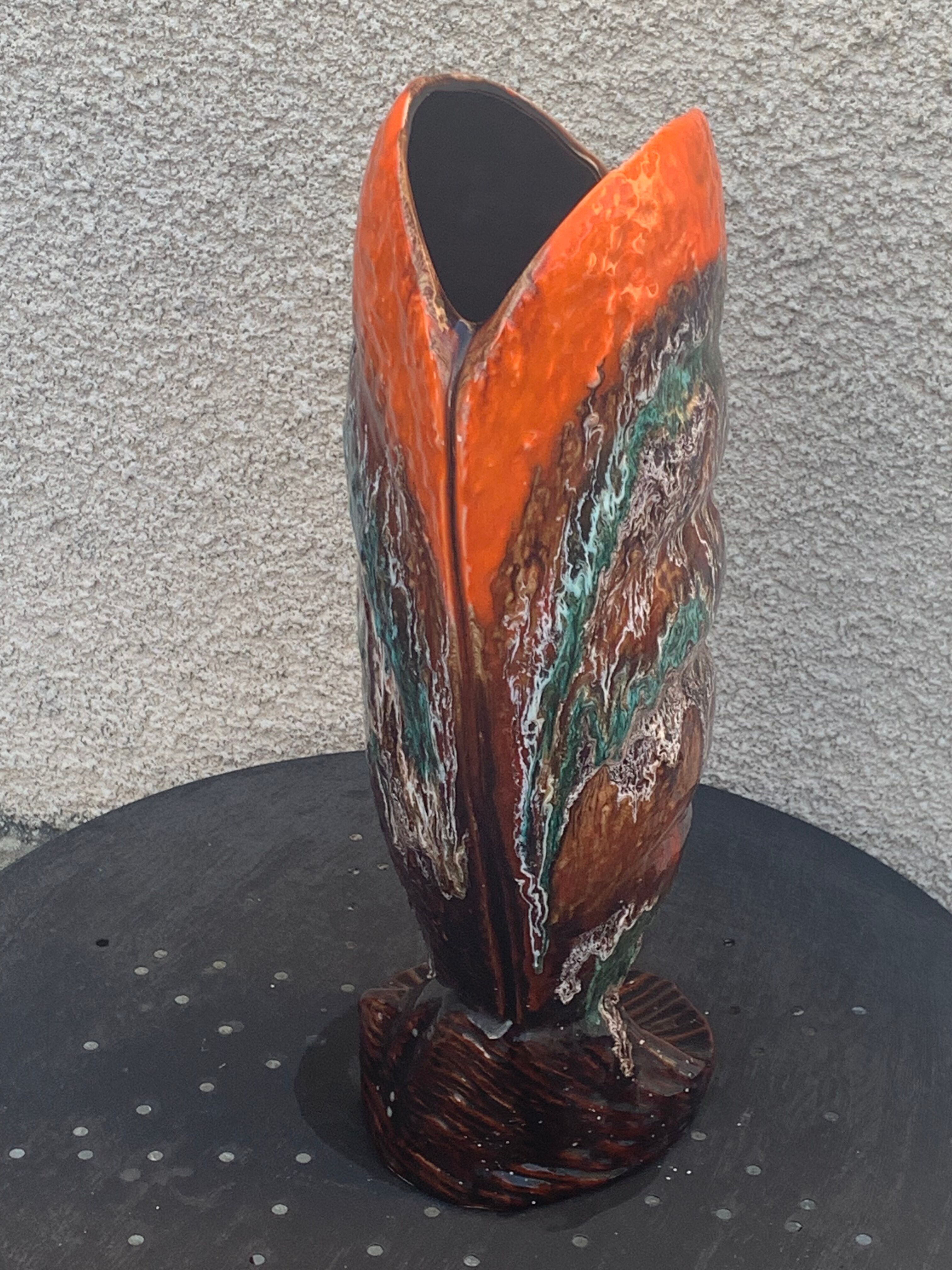 Flamed glazed ceramic slip vase molded pearly vintage vallauris