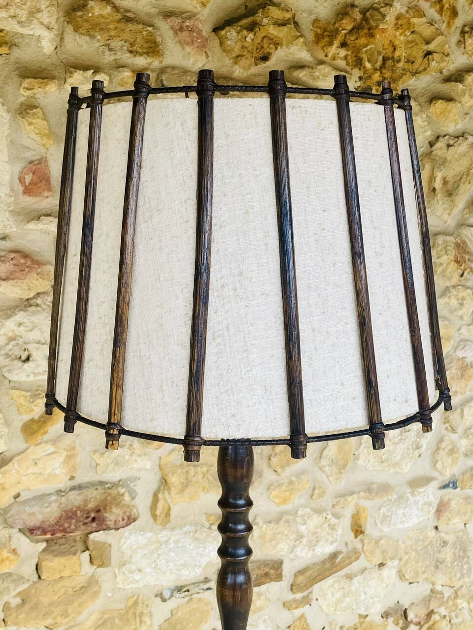 Vintage Floor Lamp Turned Wood, Bamboo Rattan Circa 1950s