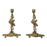 Paire de bougeoirs anciens héron laiton doré – style orientaliste Art déco