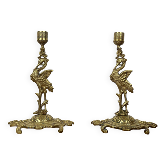 Paire de bougeoirs anciens héron laiton doré – style orientaliste Art déco