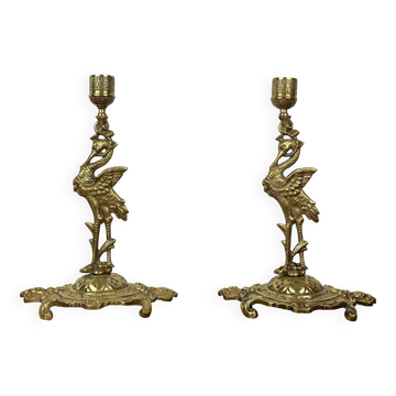 Paire de bougeoirs anciens héron laiton doré – style orientaliste Art déco