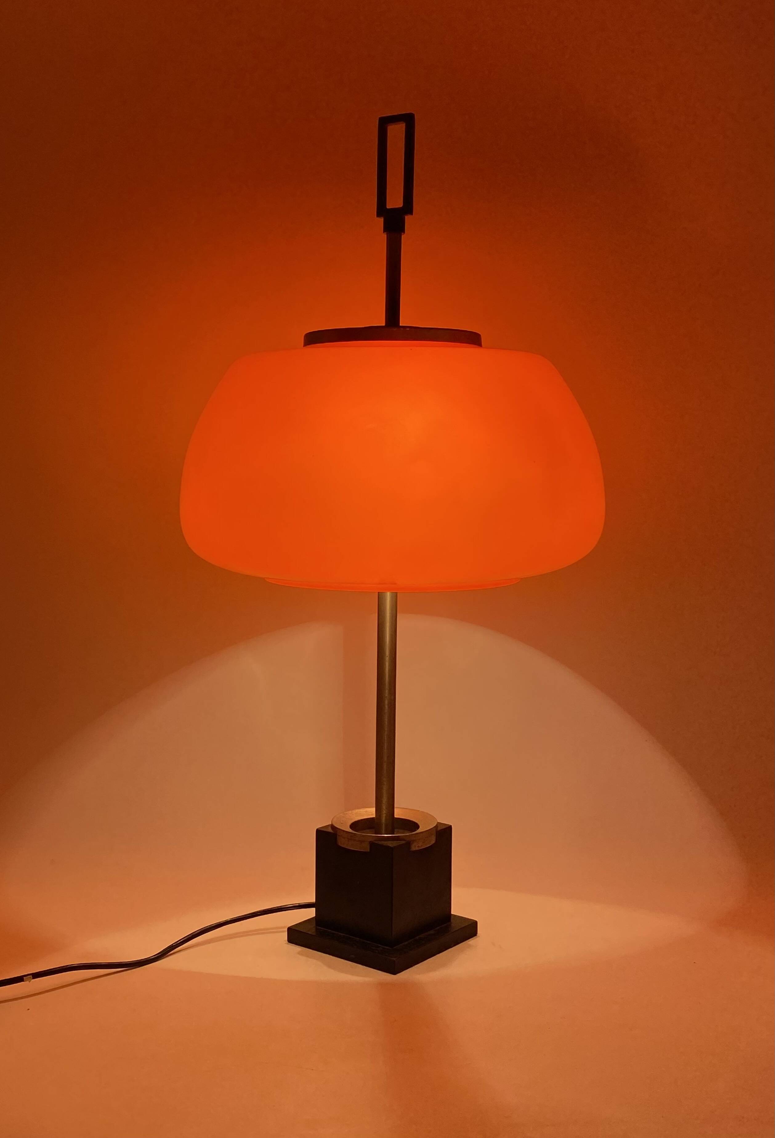 Oscar Torlasco, orange glass table / desk lamp, Prod. Lumi, 1960 ca.