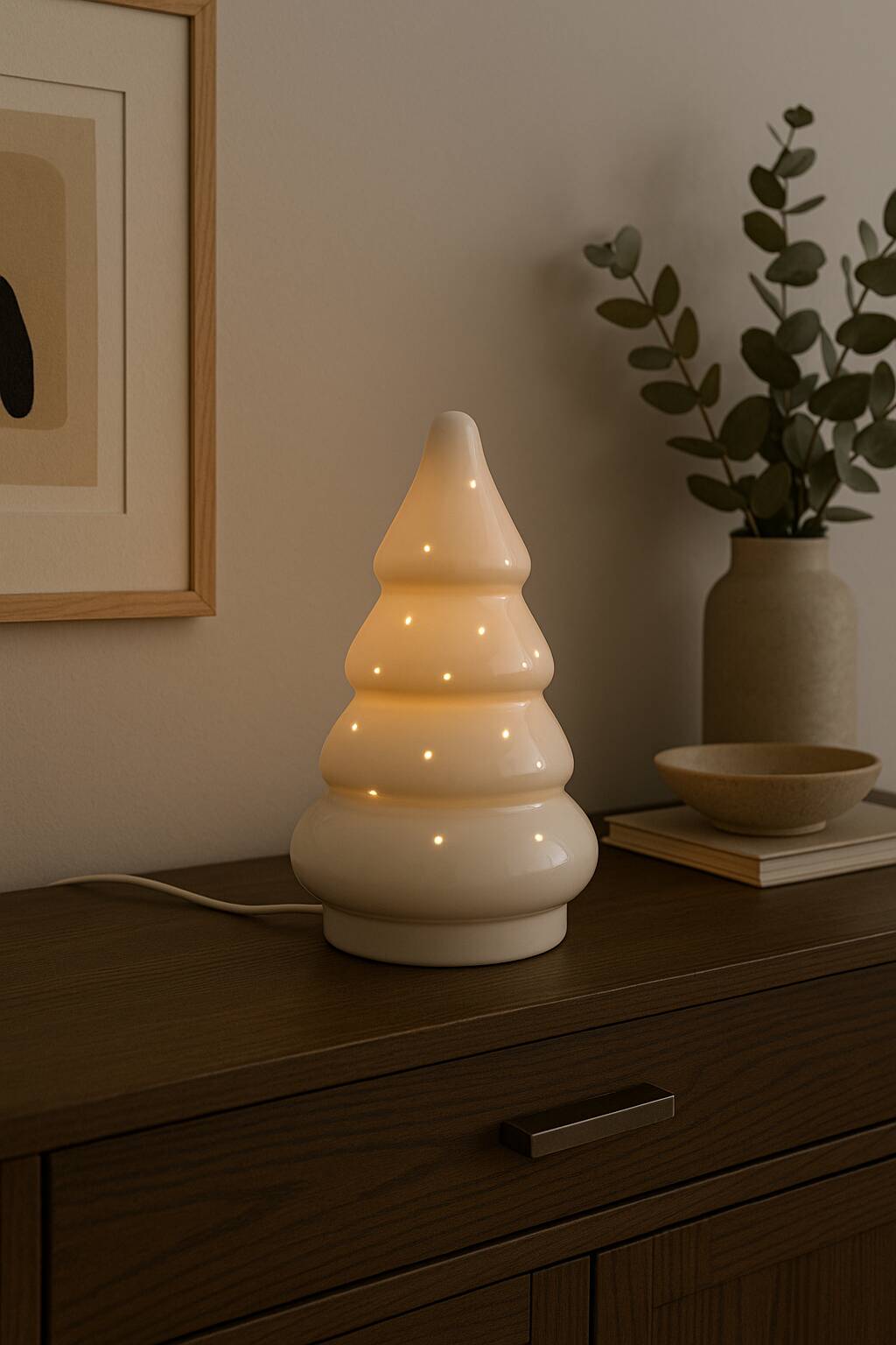 Lampe sapin en céramique blanche brillante – Ø15 cm – Ampoule fournie