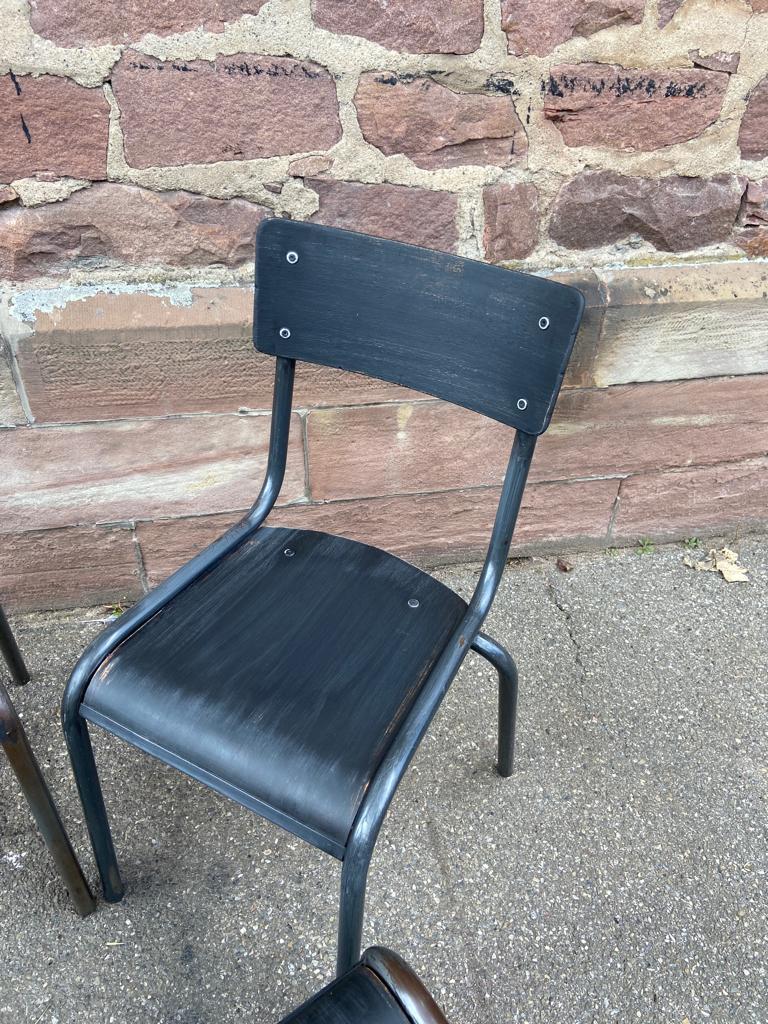 4 industrial school chairs tubular steel and mullca type wood