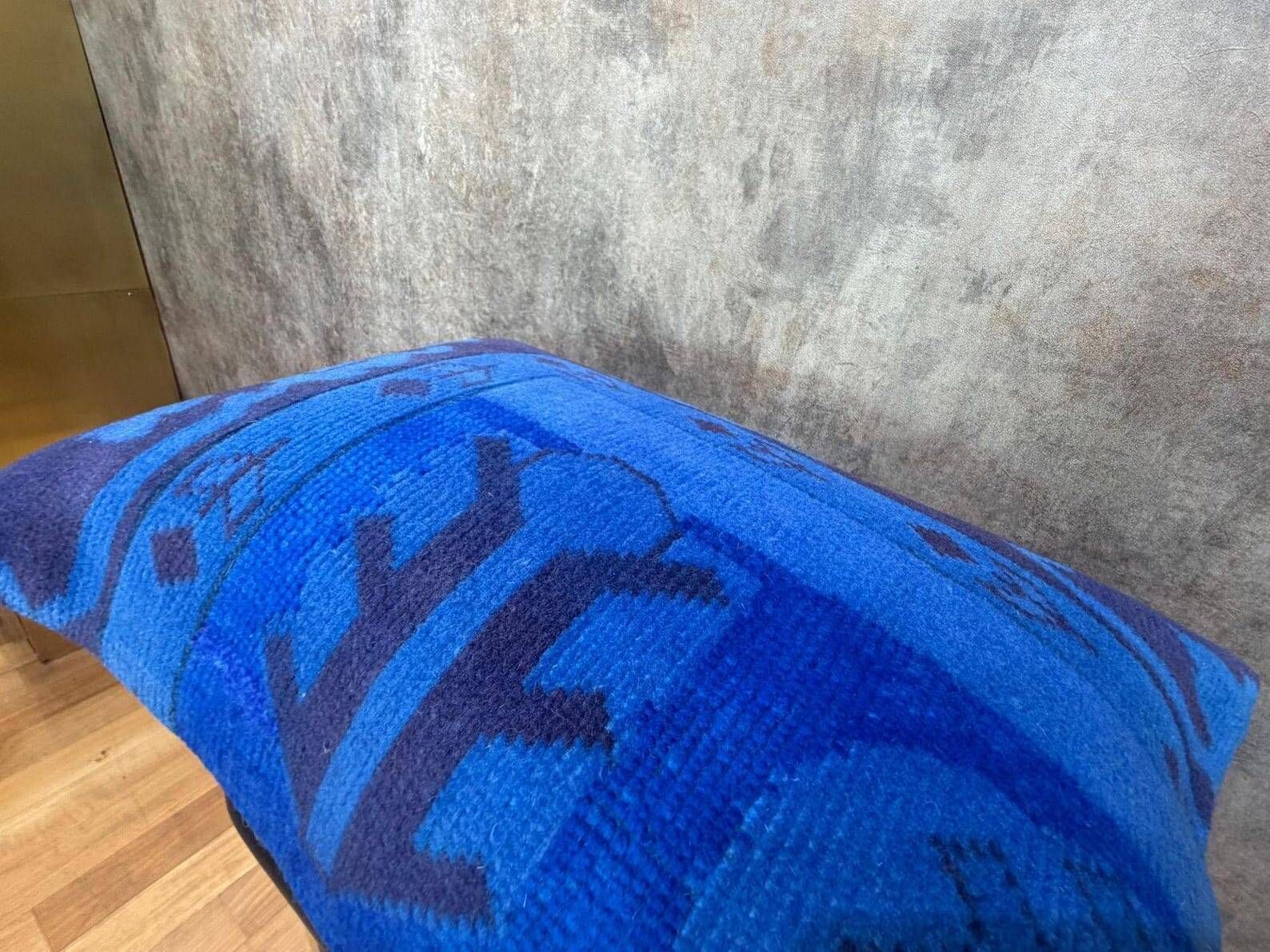 Vintage Turkish Wool Lumbar Pillow, Handmade Blue Geometric Rug Cushion